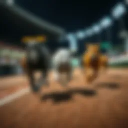 Greyhound racing track with dogs in motion