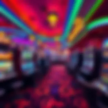 Vibrant Gaming Atmosphere at Aladdin's Casino Wide shot of the gaming floor filled with various slot machines and tables