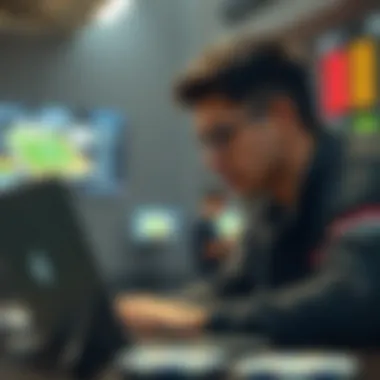 A focused individual analyzing sports statistics on a laptop