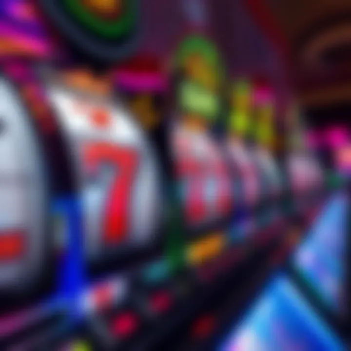 A close-up view of a classic 777 slot machine with vibrant graphics and spinning reels.