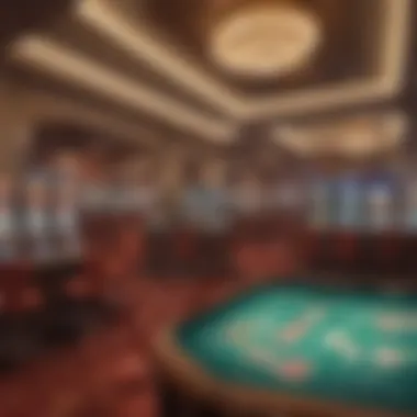 Interior view of a luxurious casino floor filled with vibrant gaming tables and slot machines