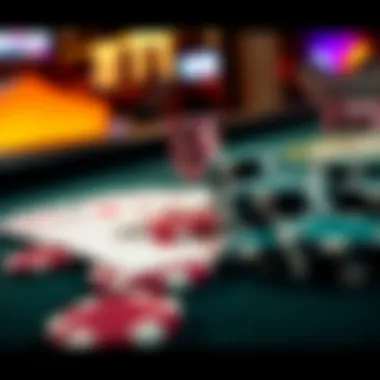 A close-up view of poker chips and cards on a gaming table