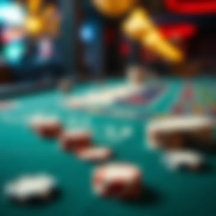 A digital representation of a blackjack table with cards and chips