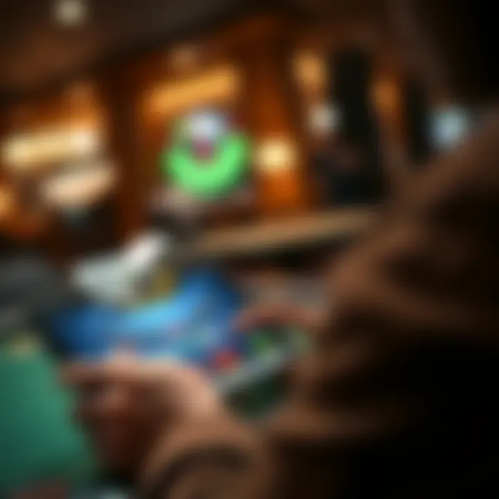 A close-up view of a player interacting with an online blackjack platform on a tablet