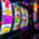 Close-up view of a slot machine with colorful reels
