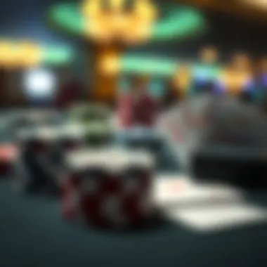 Close-up of poker chips and cards arranged on a table, symbolizing strategy and gameplay