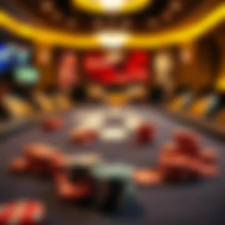 A close-up of a poker table set up with virtual chips and cards