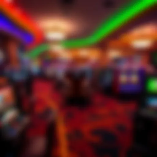 A panoramic view of a vibrant casino floor showcasing various gaming tables and slot machines