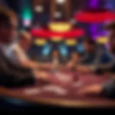 A close-up of a poker table, highlighting the excitement of a game in progress with focused players.