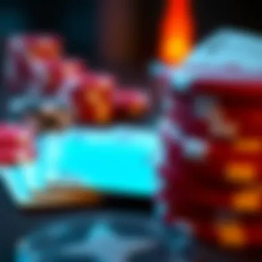 Close-up of poker chips and cards with a focused background