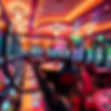 A vibrant casino floor filled with various gaming tables and slot machines