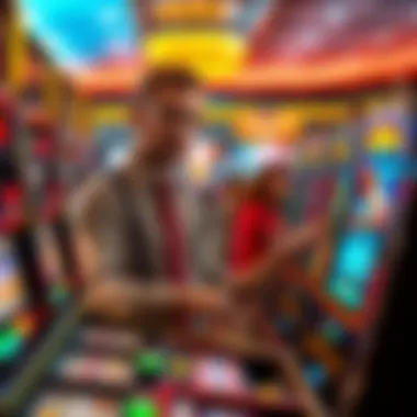 Dealer Explaining Features of the Machines A dealer explaining the features of used slot machines to a group of interested buyers.