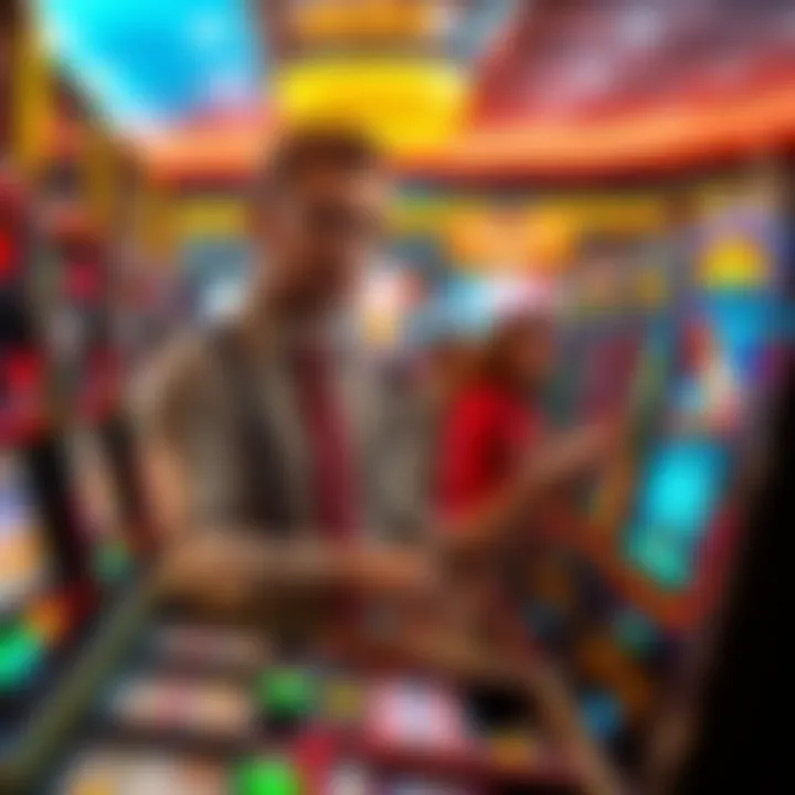 Dealer Explaining Features of the Machines A dealer explaining the features of used slot machines to a group of interested buyers.