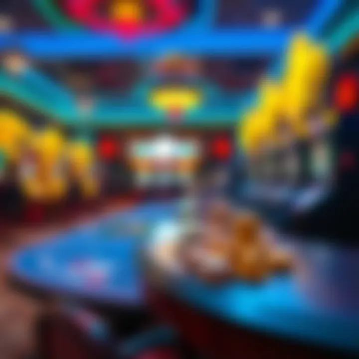 A vibrant virtual casino environment with animated game elements