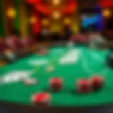 A blackjack table setup with cards and chips