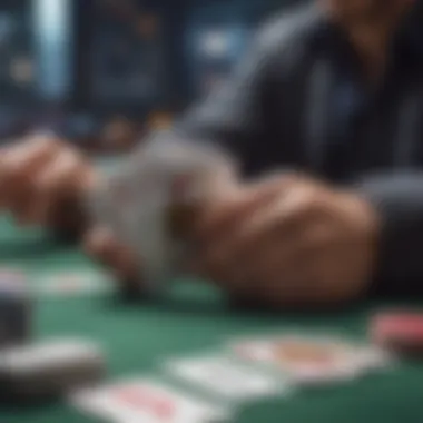 A close-up of shuffled poker cards, highlighting the dealer's dexterity.