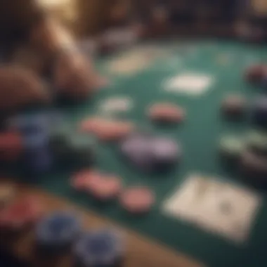 An overview of a poker table setup with cards and chips arranged meticulously.