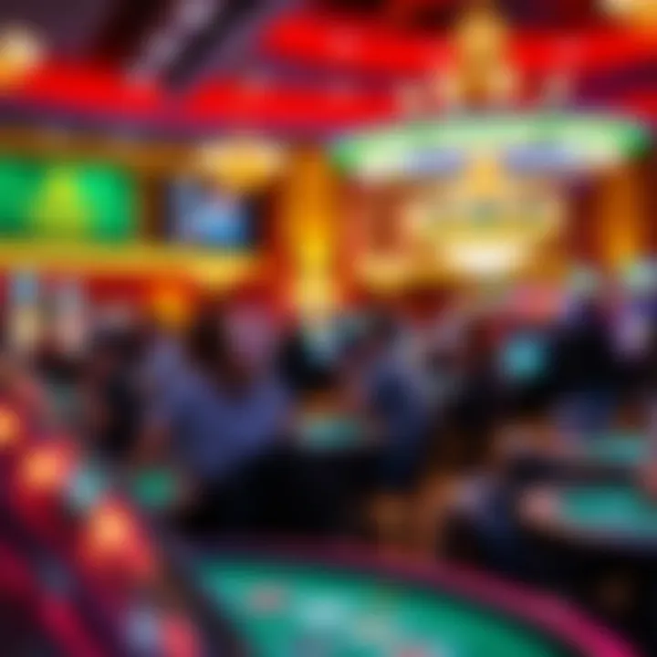 A vibrant scene of guests enjoying the exciting casino floor at the Mirage, showcasing various gaming tables.