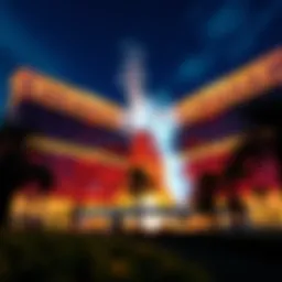 A stunning view of the Mirage Resort and Casino exterior showcasing its iconic volcano feature at night.