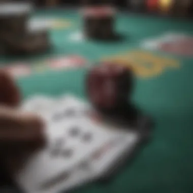 Close-up of a blackjack table with cards and chips in play