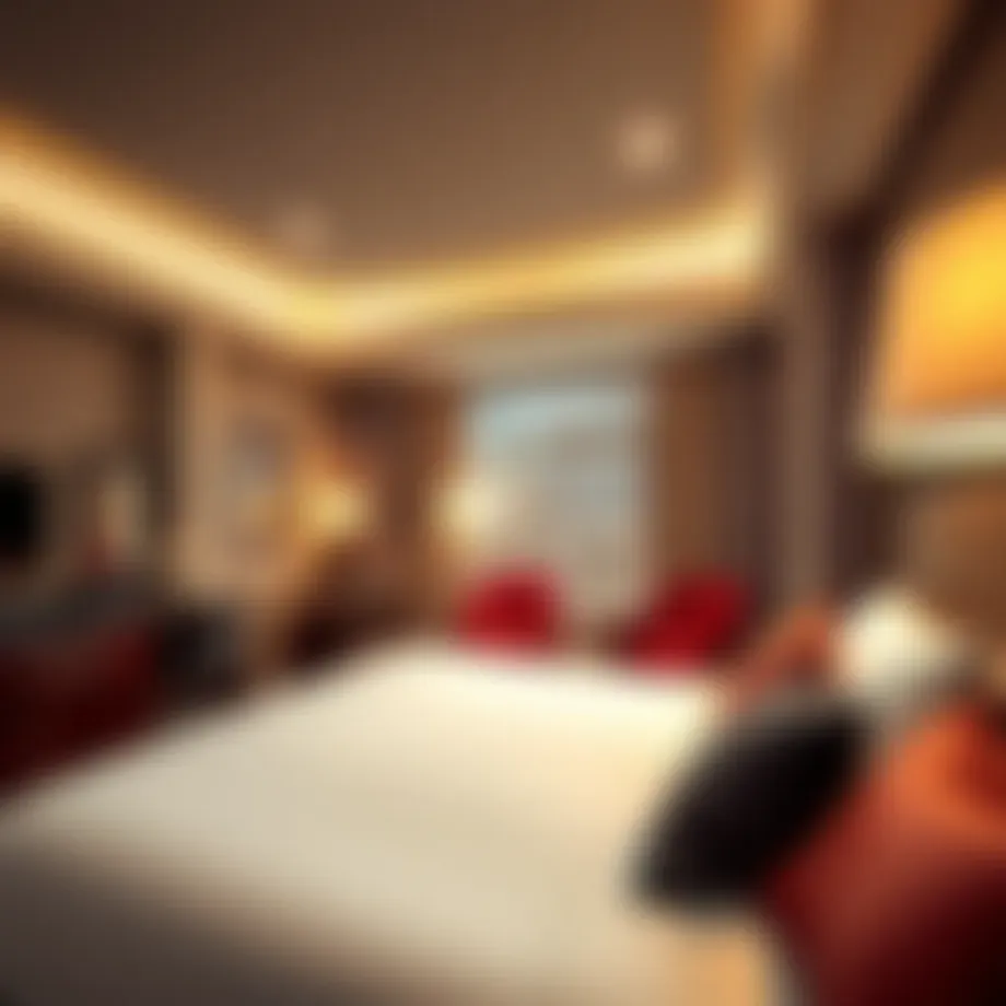 A luxurious hotel room showcasing elegant decor and amenities.