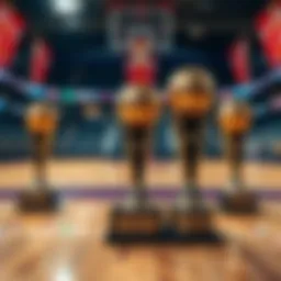 Basketball court with championship trophies