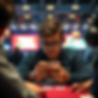 A focused player studying their cards in a Texas Hold'em game