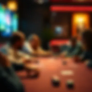 Gameplay Interaction at Poker Table Rail A well-lit poker game in progress, highlighting the interaction facilitated by the table rail.