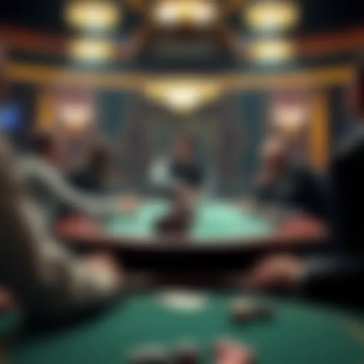 Strategic Betting Influence of Poker Table Rail A strategic betting scene at a poker table, emphasizing the influence of the rail on player decisions.