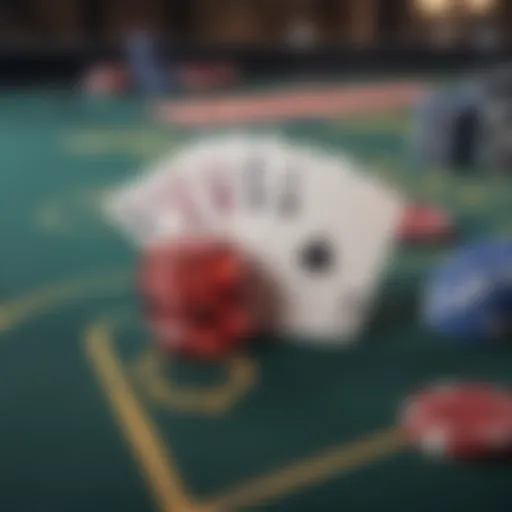 A close-up view of a blackjack table with cards and chips