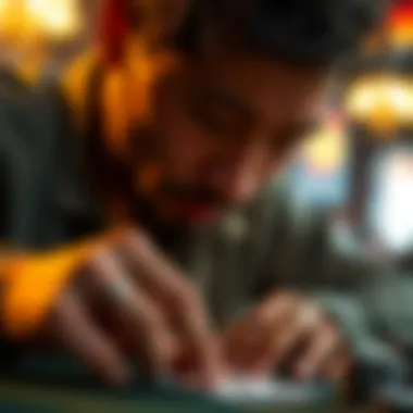 A close-up view of a player scratching a poker card