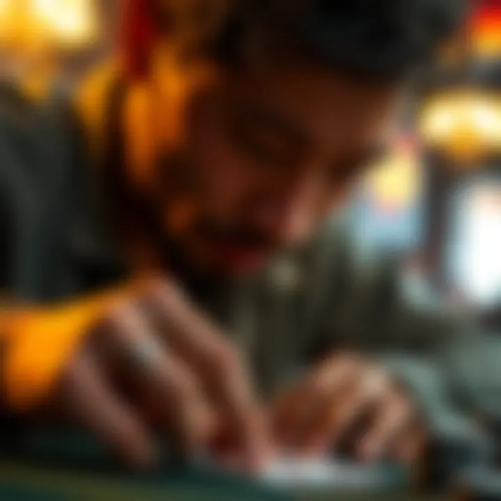 A close-up view of a player scratching a poker card