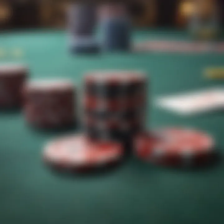 Close-up of poker chips and cards on a table