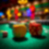 Close-up of colorful dice on a gaming table