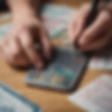 A close-up of a person analyzing lottery ticket options with a calculator